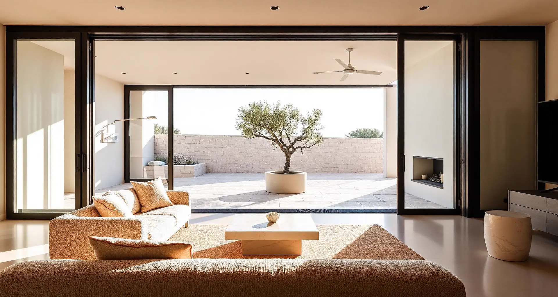 Salon contemporain ouvert sur une terrasse en pierre au soleil